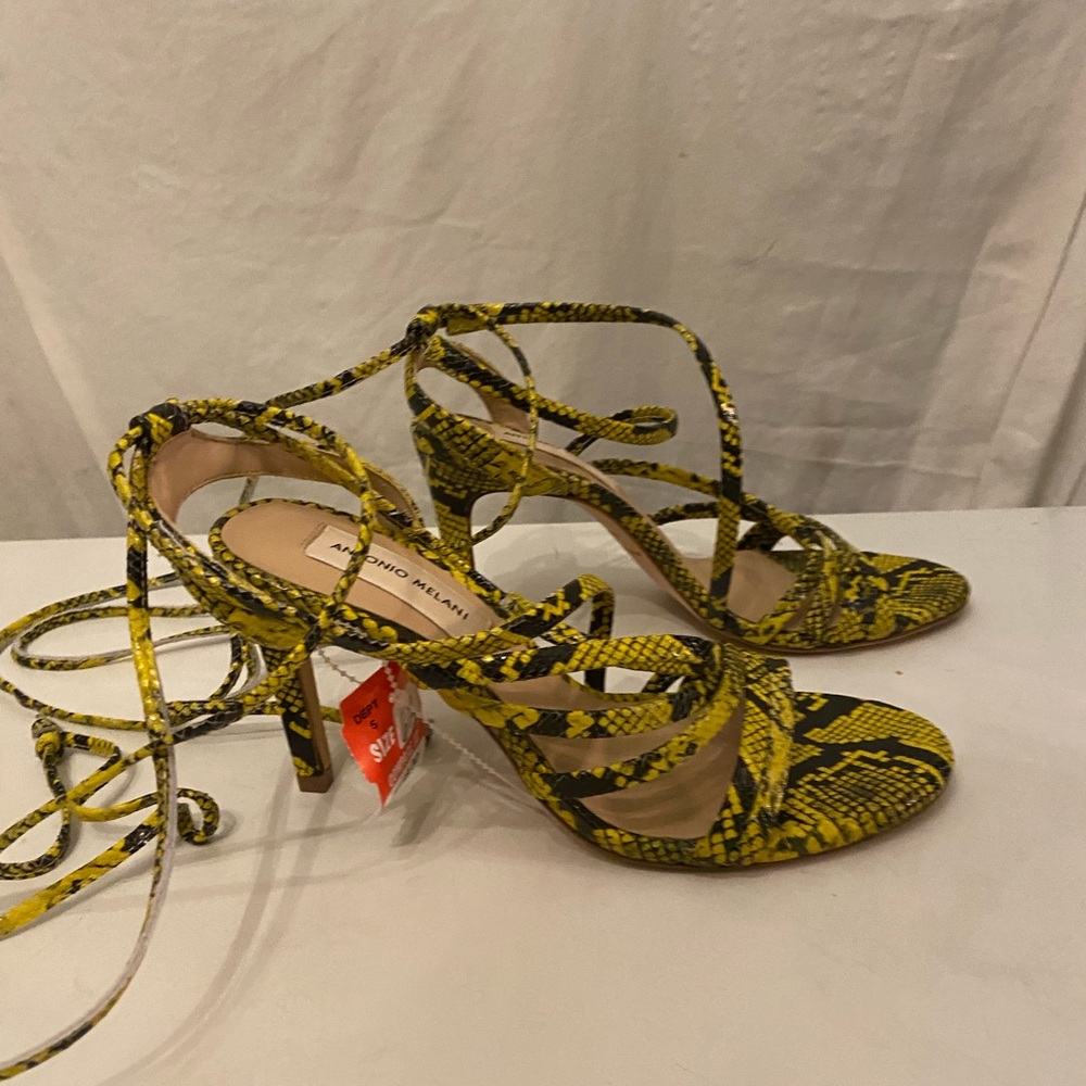 Antonio Melani yellow/black snakeskin print sandals lace up ankles various sizes